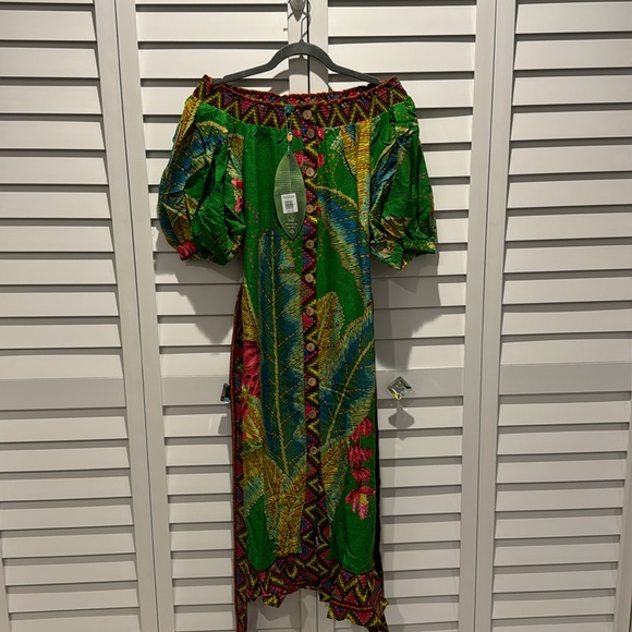 FARM Rio NWT Banana Leaves Off the Shoulder Midi Dress W/Belt and Puff Sleeves. - Picture 3 of 13
